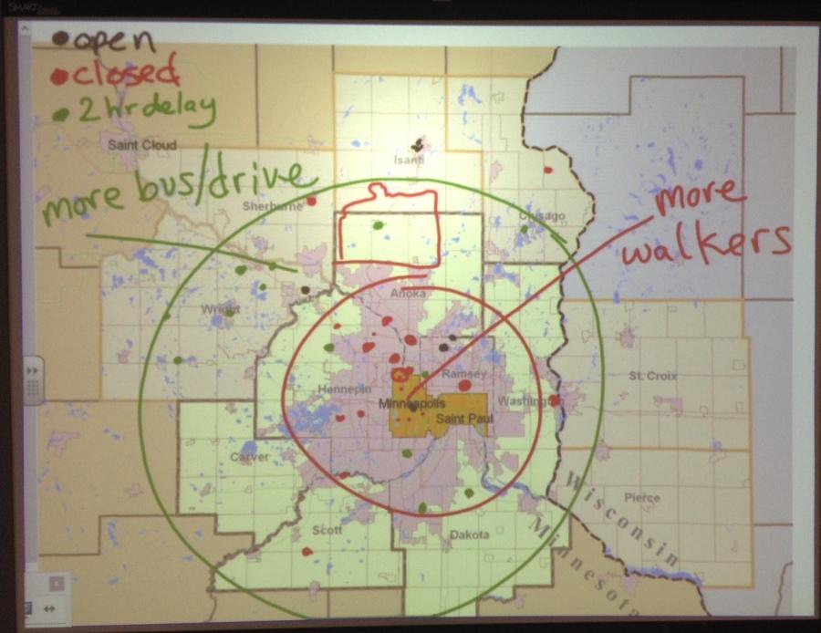 Teresa Orpen’s class map of the metro area, showing what schools cancel, delay and stay open.