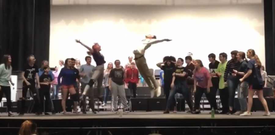 Riley Bifulk and Jake Ferguson improv-ed some moves during their dance off in the song King of New York from Newsies